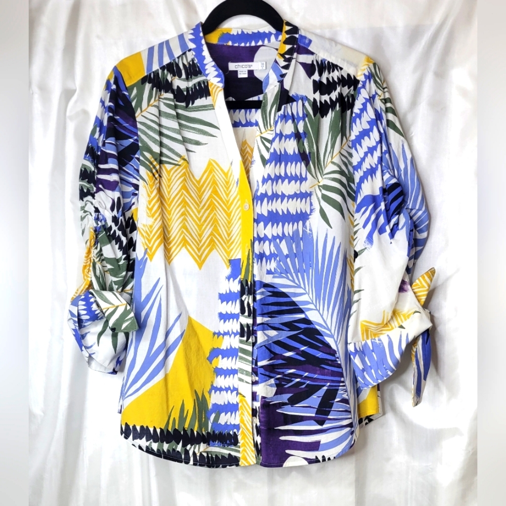 Chico's ruched sleeve, button down shirt